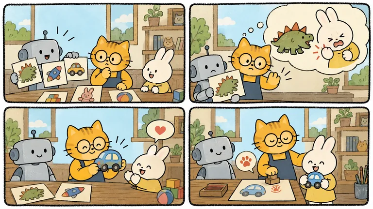 만화 4컷: 로봇이 내민 그림 중 아이가 무서워하는 공룡은 거르고 자동차 그림에 사람이 승인 도장을 찍는, 책임을 사람이 지는 장면