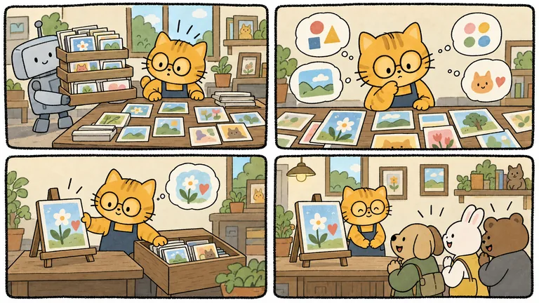 만화 4컷: 로봇이 쌓아 준 많은 그림 중에서 고양이가 남길 그림을 고르며 생각하는 장면
