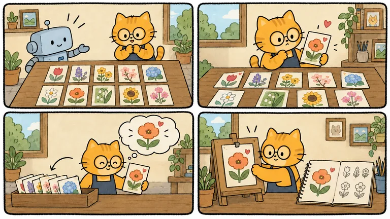 만화 4컷: 로봇이 펼친 꽃 그림 시안 여러 장 가운데 고양이가 하나를 골라 내놓는 장면