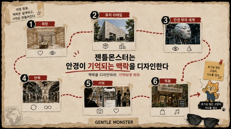 젠틀몬스터는 안경이 기억되는 맥락을 디자인한다는 결론을 여섯 단계 길로 요약한 지도
