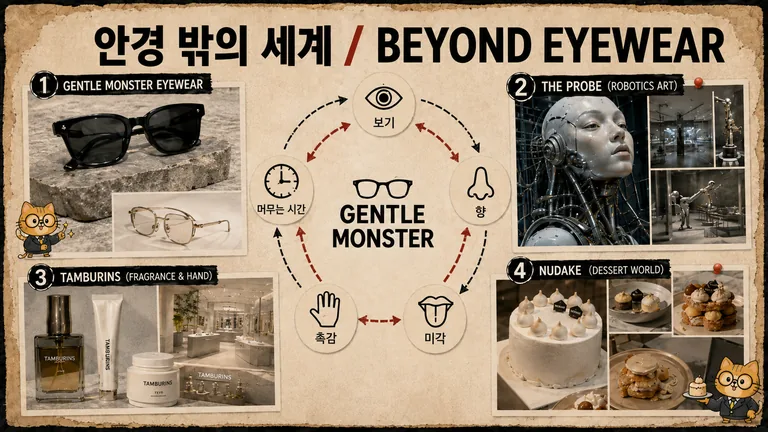 안경 밖의 세계: 젠틀몬스터 안경을 가운데 두고 보기·향·미각·촉감·머무는 시간의 다섯 감각이 이어지는 지도. 안경, 더 프로브, 탬버린즈, 누데이크 사진이 둘러싸고 있다