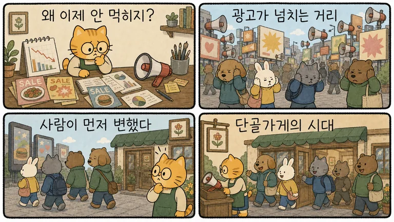 만화 4컷: 왜 이제 안 먹히지, 광고가 넘치는 거리, 사람이 먼저 변했다, 단골가게의 시대. 광고가 넘쳐 사람들이 귀를 막고 단골가게로 향하는 장면