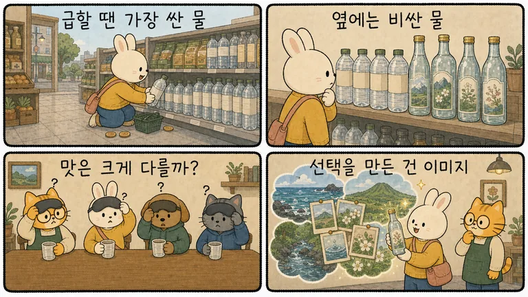 만화 4컷: 급할 땐 가장 싼 물, 옆에는 비싼 물, 맛은 크게 다를까, 선택을 만든 건 이미지
