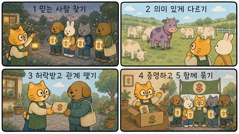 만화 4컷으로 본 5단계 개요: 1 믿는 사람 찾기, 2 의미 있게 다르기, 3 허락받고 관계 맺기, 4 증명하고 5 함께 묶기