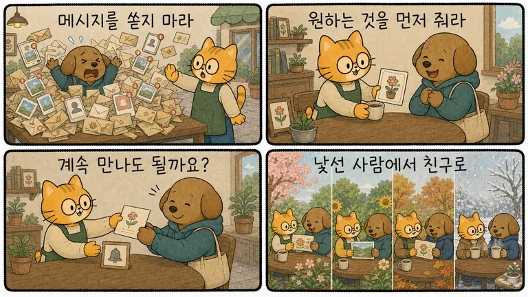 만화 4컷: 메시지를 쏟지 마라, 원하는 것을 먼저 줘라, 계속 만나도 될까요, 낯선 사람에서 친구로