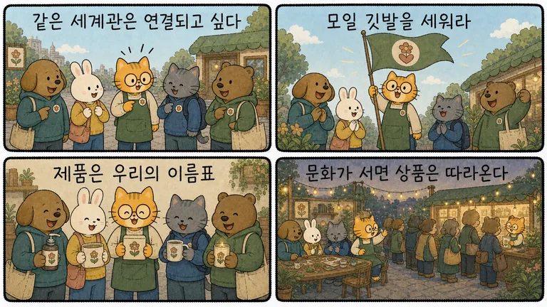 만화 4컷: 같은 세계관은 연결되고 싶다, 모일 깃발을 세워라, 제품은 우리의 이름표, 문화가 서면 상품은 따라온다